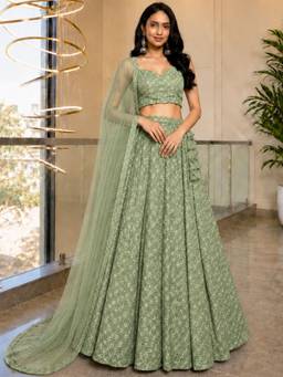 HOUSE OF JAMOTI - Herbal Green Jaal Embroidery Stitched Lehenga Choli With Dupatta