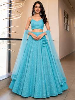 HOUSE OF JAMOTI - Aqua Floral Sequin Embroidery Stitched Lehenga Choli With Dupatta