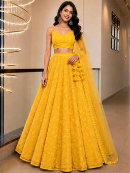HOUSE OF JAMOTI - Yellow Floral Sequin Embroidery Stitched Lehenga Choli With Dupatta