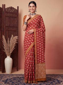 Sareemall - Women's Mal Cotton Red Printed Exclusive Saree