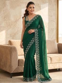FLOSIVE - Women's Space Zarkhad Diamond Work Silk Green Saree