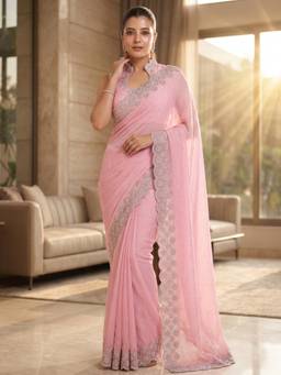 FLOSIVE - Women's Space Zarkhad Diamond Work Silk Pink Saree