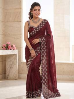 FLOSIVE - Women's Space Zarkhad Diamond Work Silk Maroon Saree