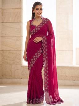 FLOSIVE - Women's Space Zarkhad Diamond Work Silk Magenta Saree