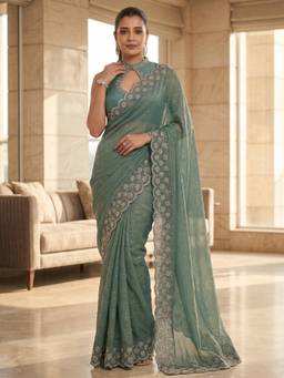 FLOSIVE - Women's Space Zarkhad Diamond Work Silk Teal Saree