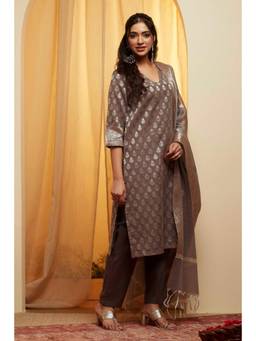 Biba - Women Grey Polyester Straight Kurta With Pant & Dupatta