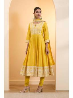 Biba - Women Yellow Cotton Embroidered Anarkali Kurta With Churidar & Dupatta