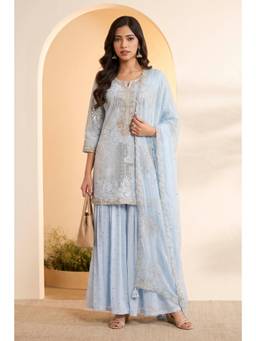 Biba - Women Blue Butterfly Net Straight Kurti With Sharara & Dupatta