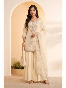 Biba - Women Cream Butterfly Net Straight Kurti With Sharara & Dupatta