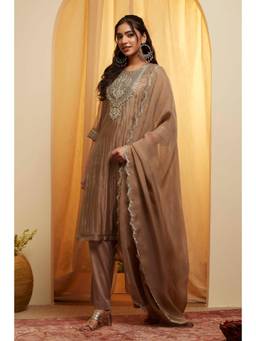 Biba - Women Brown Viscose Metallic Straight Kurta With Pant & Dupatta