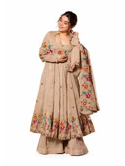 Wedani - Women's Embroidered Beige Anarkali Kurta With Palazzo & Dupatta