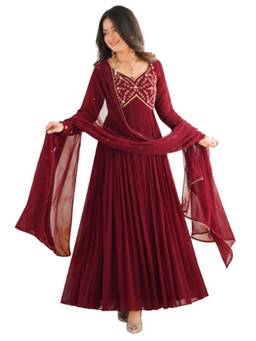 Wedani - Women's Embroidered Maroon Anarkali Kurta With Sharara And Dupatta