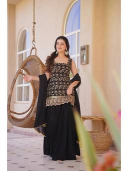 Wedani - Women's Embroidered Black Kurti With Sharara & Dupatta