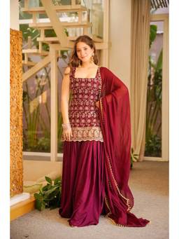 Wedani - Women's Embroidered Maroon Kurti With Sharara & Dupatta