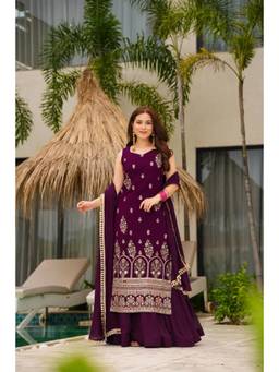 Wedani - Women's Embroidered Wine Kurta With Palazzo & Dupatta