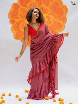 Suta - Women Mauve Solid Tassels Casual Saree