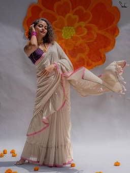 Suta - Women Beige Solid Tassels Casual Saree