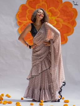 Suta - Women Brown Polka Dots Tassels Casual Saree