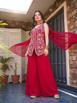 TWINS LADY - Women's Red Kurti With Palazzo & Dupatta