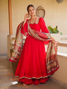 TWINS LADY - Women Red Anarkali Kurta With Sharara & Dupatta
