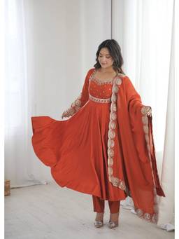 Wedani - Women's Embellished Rust Anarkali Kurta With Pant & Dupatta