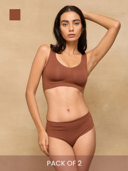 Krvvy - Women Seamless Mid-Rise Thong Panty Ultrasoft Invisible Cotton Brown (Pack of 2)