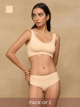 Krvvy - Women Seamless Mid-Rise Thong Panty Ultrasoft Invisible Cotton Cream (Pack of 2)