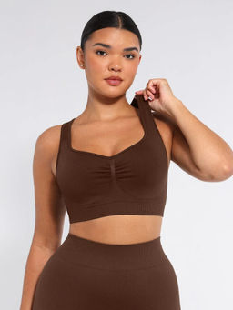 Shop The Edit - Seamless Racerback Sports Bra with Removable Pads and Support Fit Brown