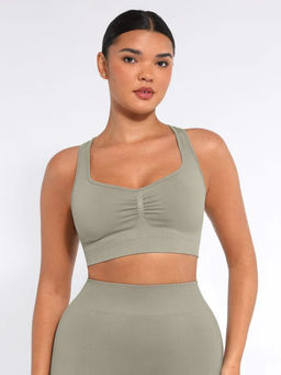 Shop The Edit - Seamless Racerback Sports Bra with Removable Pads and Support Fit Grey