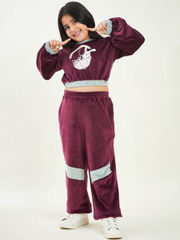 Stylo Bug - Girls Round Long Sleeves Winter Wear Sweatshirt & Joggers Maroon (Set of 2)