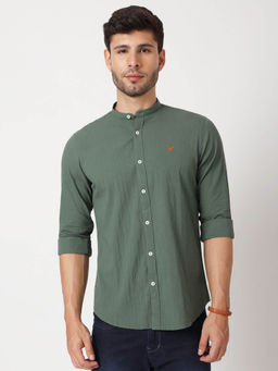 AM SWAN - Premium Mens Green Crinkle Cotton Casual Shirt