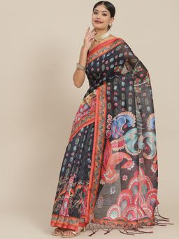 ISHIN - Womens Cotton Blend Black Printed Saree with Unstitched Blouse