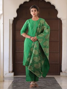 Jaipur Kurti - Green Solid Straight Kurta With Gotta Work Palazzo & Printed Dupatta (Set of 3)