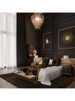 Stoa Paris - Barouque Digital Printed Super King Bedsheet With 4 Pillow Cover - Black Gold Grey