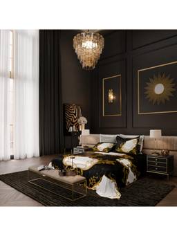 Stoa Paris - Barouque Digital Printed Super King Bedsheet With 4 Pillow Cover - Black Gold White