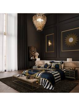 Stoa Paris - Barouque Digital Printed Super King Bedsheet With 4 Pillow Cover Navy Gold White