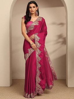 Libas - Pink Beads Embellished With Zari Border Saree With Unstitched Blouse