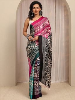 Libas - Multi Tribal Printed With Solid Border Saree With Unstitched Blouse