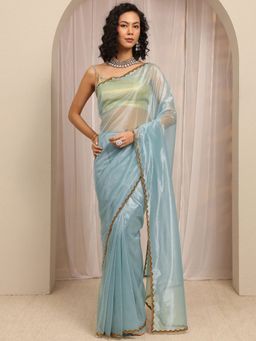Libas - Blue Solid With Embellished Beads Border Saree With Unstitched Blouse