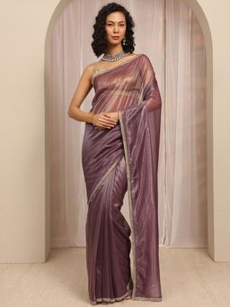 Libas - Purple Solid With Embellished Beads Border Saree With Unstitched Blouse