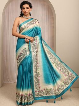 Libas - Blue Ombre Saree With Floral Printed Border Saree With Unstitched Blouse