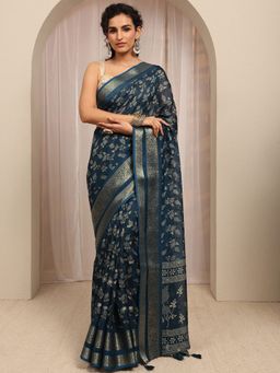 Libas - Navy Floral Printed With Woven Design Border Saree With Unstitched Blouse