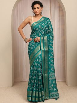 Libas - Green Floral Printed With Woven Design Border Saree With Unstitched Blouse