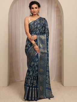 Libas - Blue Floral Printed With Woven Design Border Saree With Unstitched Blouse