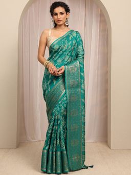 Libas - Green Floral Printed With Woven Design Border Saree With Unstitched Blouse