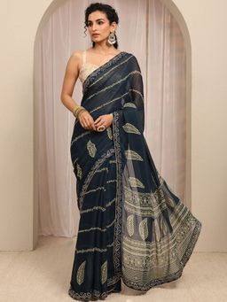 Libas - Navy Ethnic Motif Printed With Beads Embellished Border Saree With Unstitched Blouse