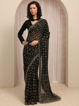 Libas - Black Ethnic Motif Printed With Beads Embellished Border Saree With Unstitched Blouse