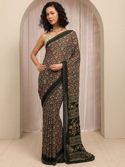 Libas - Black Floral Printed With Beads Embellished Border Saree With Unstitched Blouse