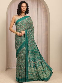 Libas - Green Floral Printed With Beads Embellished Border Saree With Unstitched Blouse