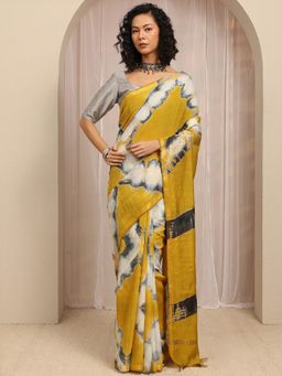 Libas - Mustard Geometric Printed & Zari Woven Design Border Saree With Unstitched Blouse